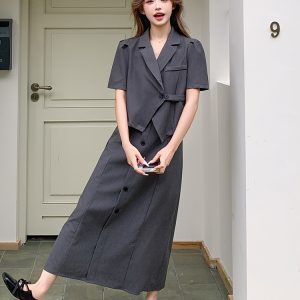 Stylish Women's Deep Gray Short Sleeve Blazer and Skirt Set for Summer 2025 - Professional Commuting Style, Modern Two-Piece Outfit