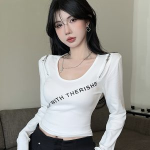 Stylish Zip-Up Long Sleeve T-Shirt for Women - Autumn Winter Fashion, K-Pop Inspired, Jazz Dance Top for Bold Looks