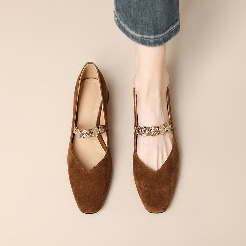 Suede Square-Toe Mary Jane Shoes for Women with Gold Chain, Low Heels, French Style