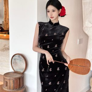Summer 2025 Black Velvet Cheongsam Dress for Girls, Improved Retro Chinese-Style with Modern Touch