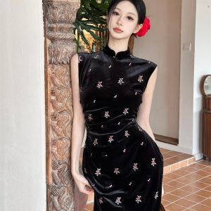 Summer 2025 Black Velvet Cheongsam Dress for Girls, Improved Retro Chinese-Style with Modern Touch