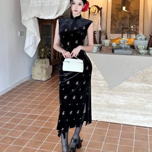 Summer 2025 Black Velvet Cheongsam Dress for Girls, Improved Retro Chinese-Style with Modern Touch