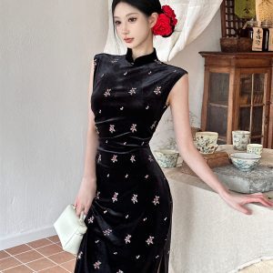 Summer 2025 Black Velvet Cheongsam Dress for Girls, Improved Retro Chinese-Style with Modern Touch