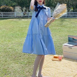 Summer 2025 College Style Blue Shirt Dress for Women - Fresh Loose Fit, Sweet Petite Design, First Love Aesthetic