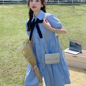 Summer 2025 College Style Blue Shirt Dress for Women - Fresh Loose Fit, Sweet Petite Design, First Love Aesthetic