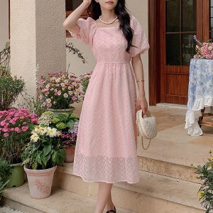 Summer 2025 French Macaron Pink Puff Sleeve Square Neck Chiffon Dress for Women - Unique High-End Fashion Statement