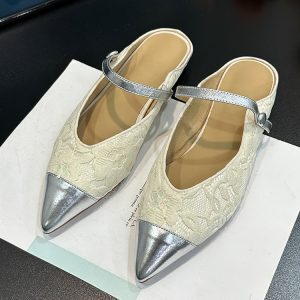 Summer 2025 French-Style Chunky-Heeled Color-Blocked Mules for Women - Genuine Leather Closed-Toe Half-Slippers for Outdoor Wear