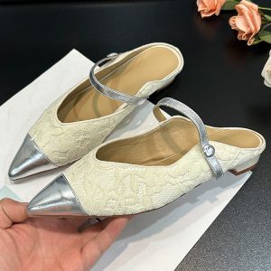 Summer 2025 French-Style Chunky-Heeled Color-Blocked Mules for Women - Genuine Leather Closed-Toe Half-Slippers for Outdoor Wear