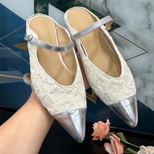 Summer 2025 French-Style Chunky-Heeled Color-Blocked Mules for Women - Genuine Leather Closed-Toe Half-Slippers for Outdoor Wear