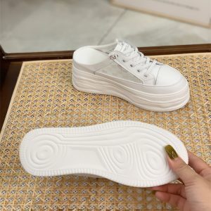 Summer 2025 Genuine Leather Open-Toe Half Slippers for Women, Hollow Mesh Backless Little White Shoes with 7CM Height Increase