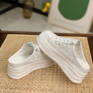 Summer 2025 Genuine Leather Open-Toe Half Slippers for Women, Hollow Mesh Backless Little White Shoes with 7CM Height Increase