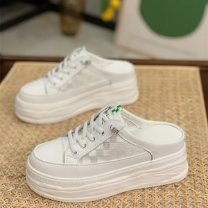Summer 2025 Genuine Leather Open-Toe Half Slippers for Women, Hollow Mesh Backless Little White Shoes with 7CM Height Increase