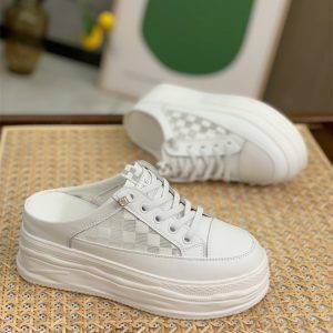 Summer 2025 Genuine Leather Open-Toe Half Slippers for Women, Hollow Mesh Backless Little White Shoes with 7CM Height Increase