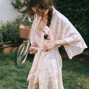 Summer 2025 Ice Silk Lace Camisole Nightgown Set - Women's Two-Piece Robe Homewear for Relaxed Comfort