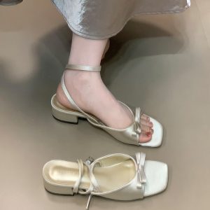 Summer 2025 Open-Toe Bow Sandals for Women, Low-Heeled Ankle Strap Slip-On Shoes, Trendy Summer Footwear