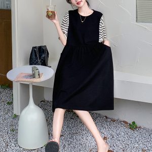 Summer 2025 Striped Patchwork T-Shirt Dress for Women - Relaxed Fit, Casual Loose Design, Flattering for Hiding the Belly