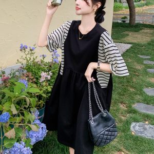Summer 2025 Striped Patchwork T-Shirt Dress for Women - Relaxed Fit, Casual Loose Design, Flattering for Hiding the Belly