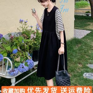 Summer 2025 Striped Patchwork T-Shirt Dress for Women - Relaxed Fit, Casual Loose Design, Flattering for Hiding the Belly