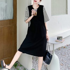 Summer 2025 Striped Patchwork T-Shirt Dress for Women - Relaxed Fit, Casual Loose Design, Flattering for Hiding the Belly