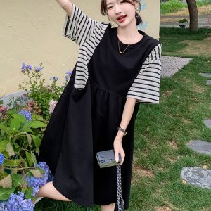 Summer 2025 Striped Patchwork T-Shirt Dress for Women - Relaxed Fit, Casual Loose Design, Flattering for Hiding the Belly
