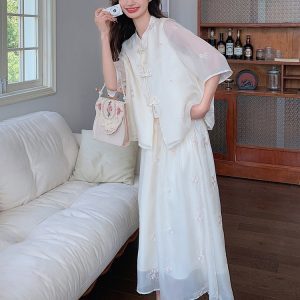 Summer 2025 Women’s Chinese-Style Qipao Long Dress Two-Piece Set - Cool Relaxed National Wind Fashion