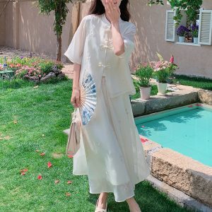 Summer 2025 Women’s Chinese-Style Qipao Long Dress Two-Piece Set - Cool Relaxed National Wind Fashion