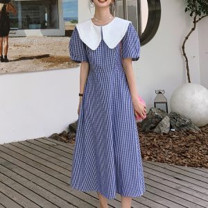 Summer 2025 Women's College Style Doll Collar Plaid Dress - Waist-Cinching, Unique Niche, Age-Reducing Long Dress