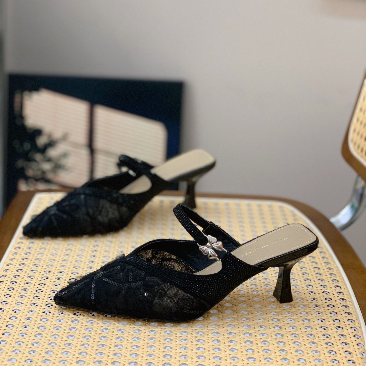 Summer 2025 Women’s Pointed Toe Lace Sequins Half Slippers - Fashionable Closed-Toe Thin Heels for Comfortable Elegance