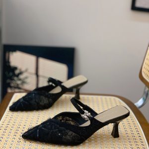 Summer 2025 Women’s Pointed Toe Lace Sequins Half Slippers - Fashionable Closed-Toe Thin Heels for Comfortable Elegance