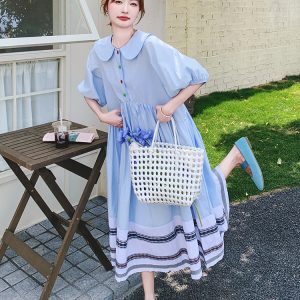 Summer 2025 Women's Puff Dress with Unique Bubble Sleeves and Doll Collar - Cute Gentle Style Long Dress