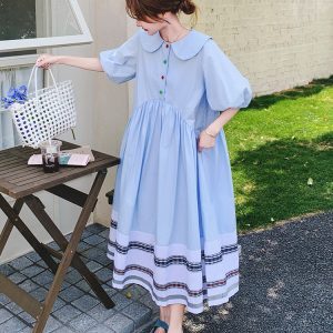 Summer 2025 Women's Puff Dress with Unique Bubble Sleeves and Doll Collar - Cute Gentle Style Long Dress