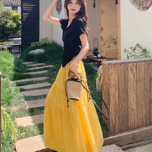 Summer 2025 Women's Short Sleeve Two-Piece Outfit Set - Unique Dopamine Style Long Dress for Vacation Wear
