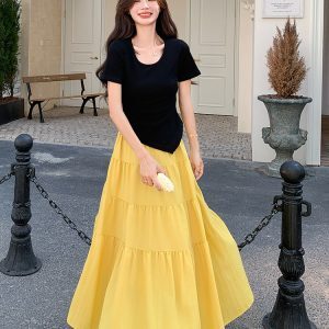 Summer 2025 Women's Short Sleeve Two-Piece Outfit Set - Unique Dopamine Style Long Dress for Vacation Wear