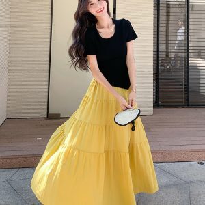 Summer 2025 Women's Short Sleeve Two-Piece Outfit Set - Unique Dopamine Style Long Dress for Vacation Wear