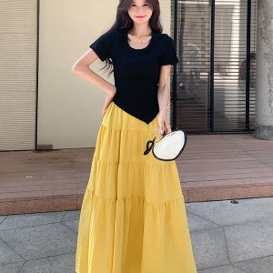 Summer 2025 Women's Short Sleeve Two-Piece Outfit Set - Unique Dopamine Style Long Dress for Vacation Wear