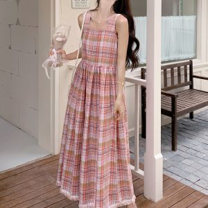 Summer 2025 Women's Unique Patchwork Plaid Sleeveless Vest Dress - Beautiful Age-Reducing Long Dress in Chic Style