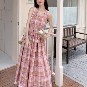 Summer 2025 Women's Unique Patchwork Plaid Sleeveless Vest Dress - Beautiful Age-Reducing Long Dress in Chic Style
