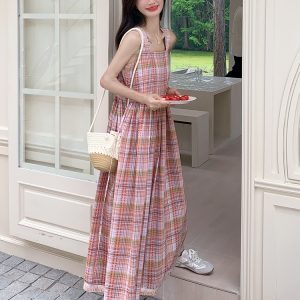 Summer 2025 Women's Unique Patchwork Plaid Sleeveless Vest Dress - Beautiful Age-Reducing Long Dress in Chic Style