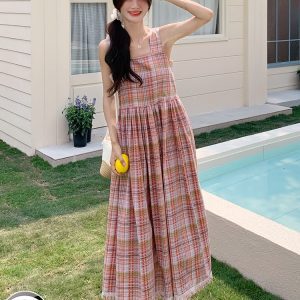 Summer 2025 Women's Unique Patchwork Plaid Sleeveless Vest Dress - Beautiful Age-Reducing Long Dress in Chic Style