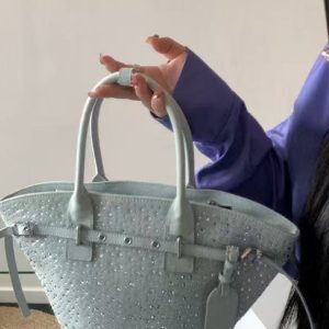 Summer 2025 Zhao Lusi Style Rhinestone Bucket Bag - Vacation Denim Crossbody Tote for Trendy Y2K Fashion