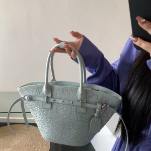 Summer 2025 Zhao Lusi Style Rhinestone Bucket Bag - Vacation Denim Crossbody Tote for Trendy Y2K Fashion