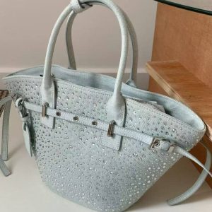 Summer 2025 Zhao Lusi Style Rhinestone Bucket Bag - Vacation Denim Crossbody Tote for Trendy Y2K Fashion