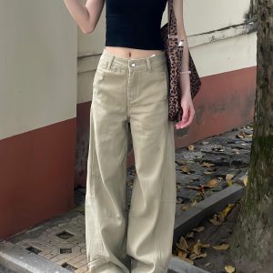 Summer American-Style Khaki Curved Blade Workwear Jeans for Women - Loose Wide-Leg Slim Straight Pants