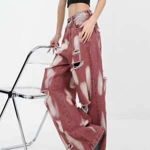 Summer American Style Ripped Jeans for Women - High Waist Tie-Dye Wide Leg Floor-Length Pants, Trendy Y2K Fashion