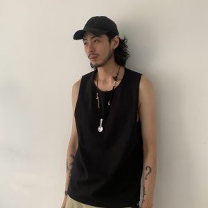 Summer American Vintage Wide Round Neck Sleeveless T-Shirt for Men and Women - Casual Loose Solid Color Top, 90s Style