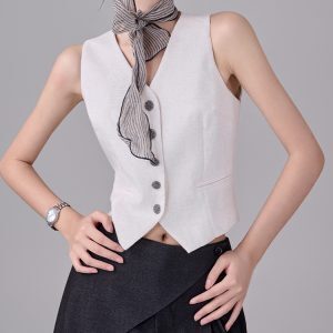 Summer Beige V-Neck Sleeveless Vest Women's Casual Slim Short Blazer Top - Lightweight Fashion for Y2K Style