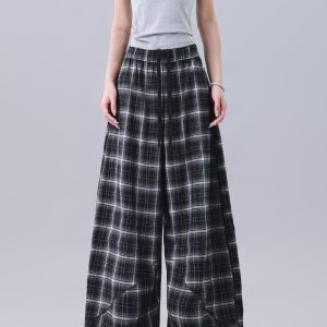 Summer Black and White Plaid Wide-Leg Pants with Elastic Waist - Loose Fit Curved Knife Design - British Style Fashion