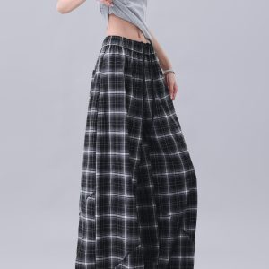 Summer Black and White Plaid Wide-Leg Pants with Elastic Waist - Loose Fit Curved Knife Design - British Style Fashion