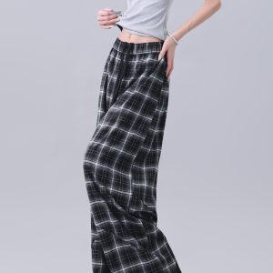 Summer Black and White Plaid Wide-Leg Pants with Elastic Waist - Loose Fit Curved Knife Design - British Style Fashion