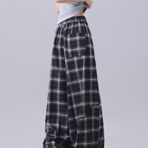 Summer Black and White Plaid Wide-Leg Pants with Elastic Waist - Loose Fit Curved Knife Design - British Style Fashion